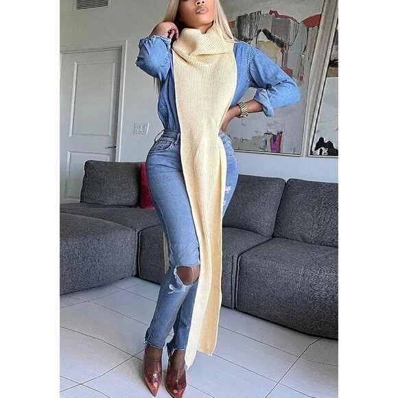 Women Sleeveless Maxi Sweater Dress Knitted Turtleneck Side Split